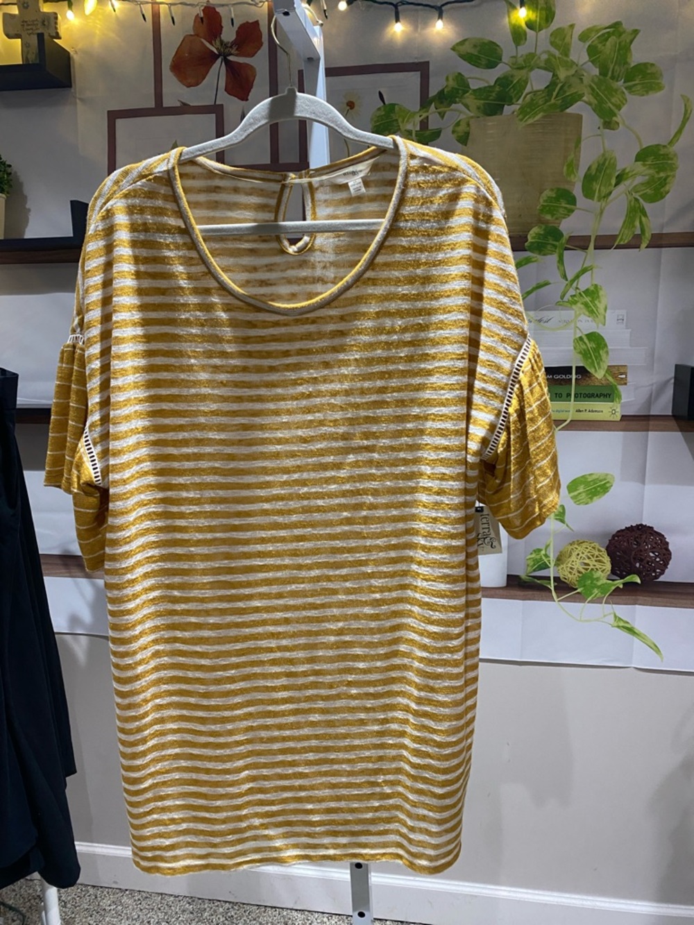 Terra & Sky Striped Scoop Neck Short Sleeve Top in Mustard Yellow and White 1 X.